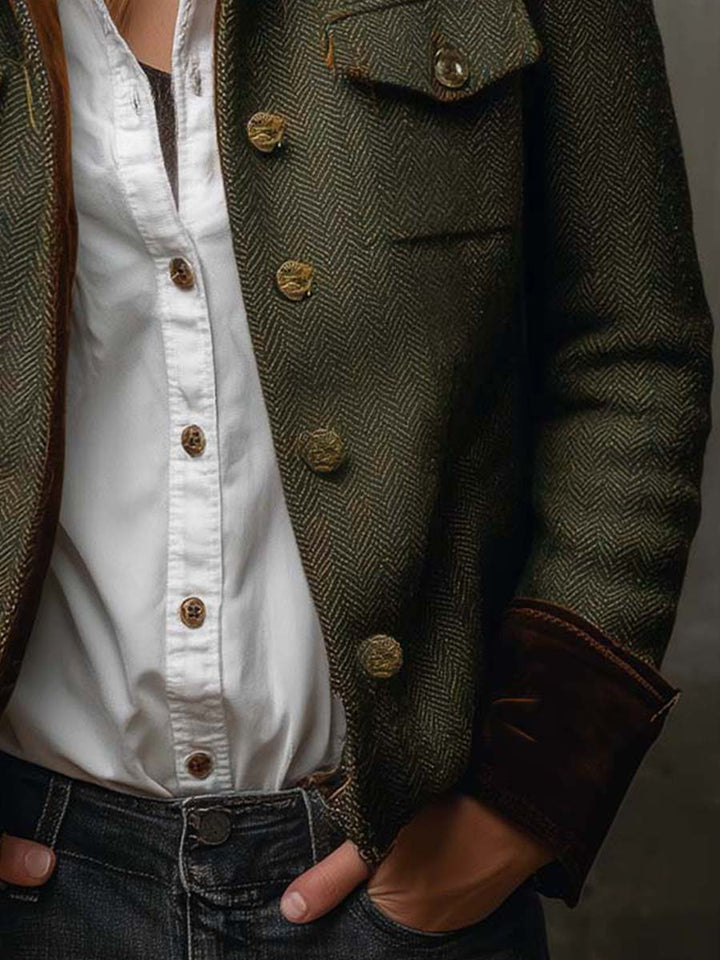 Lazina - Chaqueta Abotonada Con Estampado en Espiga Y Puños a Contraste