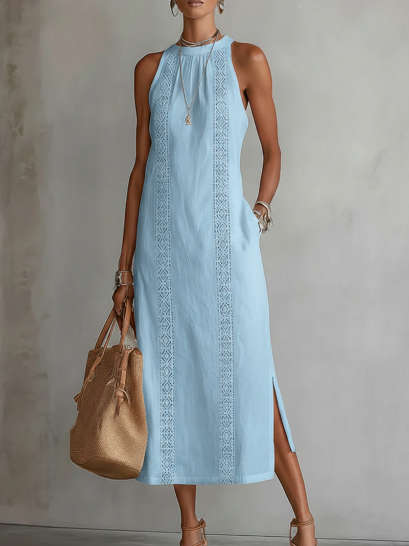 Devindi - Vestido Midi de Lino Con Cuello Mao