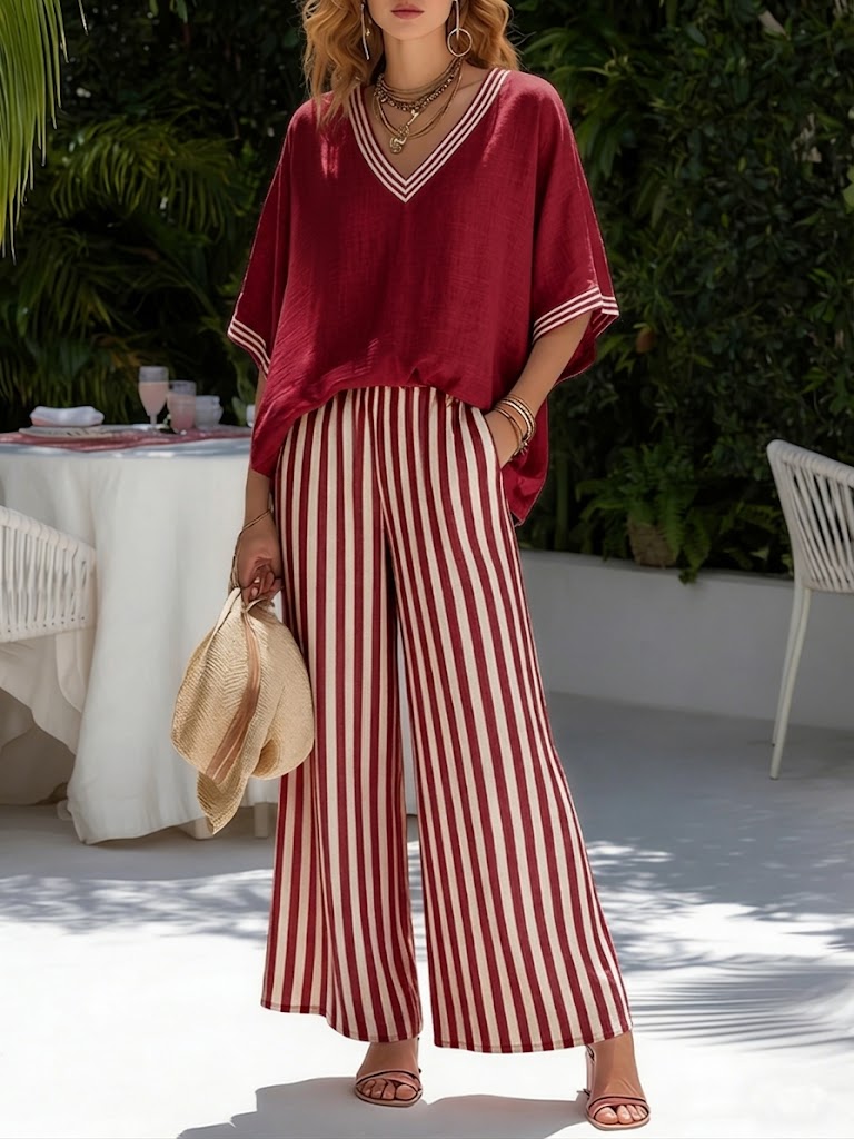 Rashika - Conjunto Elegante e Informal de Lino y Algodón a Rayas