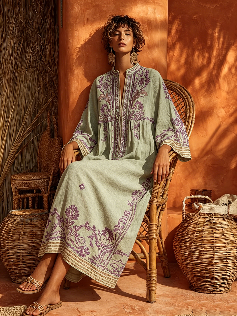 Sariana - Vestido Boho Bordado Con Cuello En V