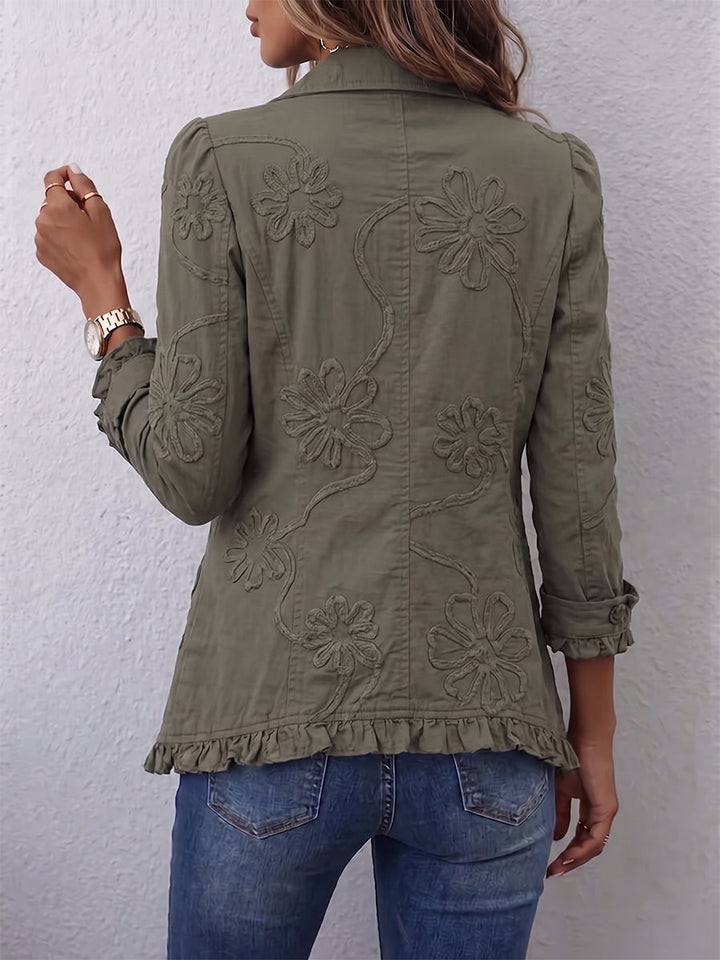 Eloria - Chaqueta Con Bordado Floral, Botones en La Parte Delantera Y Volantes en El Bajo