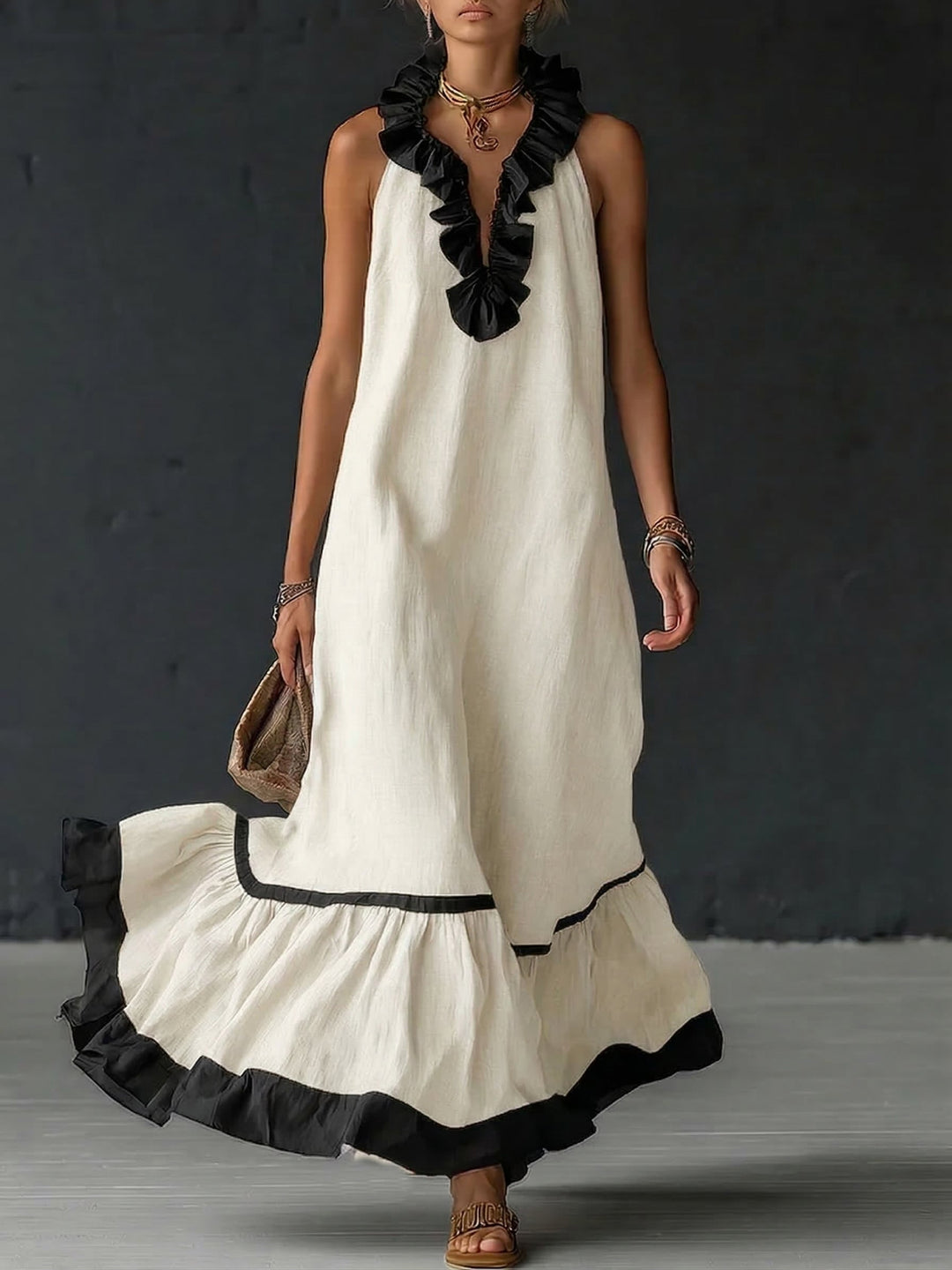 Natja - Cuello Con Volantes Vestido Largo De Lino