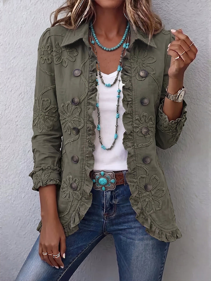 Eloria - Chaqueta Con Bordado Floral, Botones en La Parte Delantera Y Volantes en El Bajo