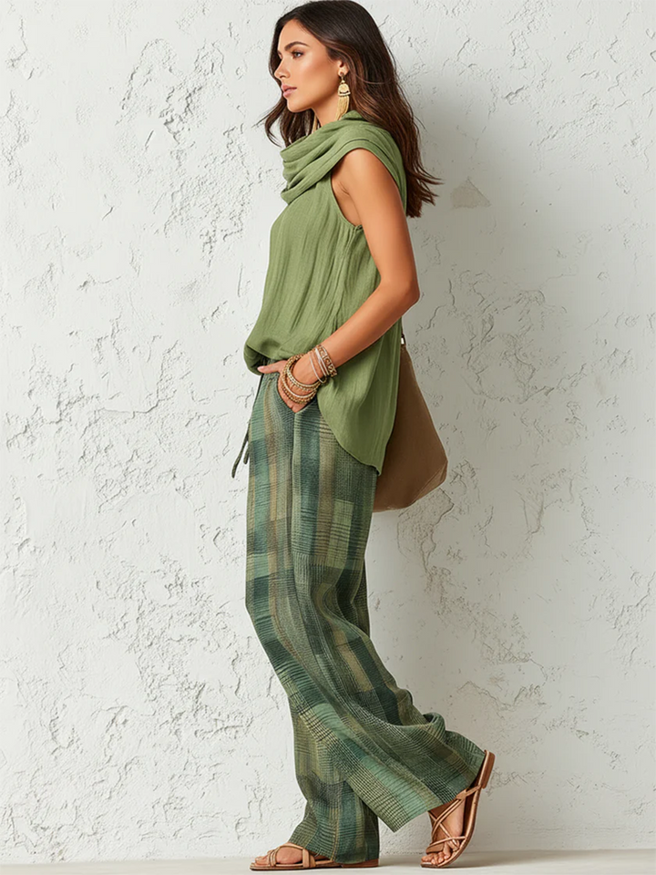 Nidya - Conjunto de Top Sin Mangas Sage Breeze y Pantalones de Pierna Ancha a Cuadros