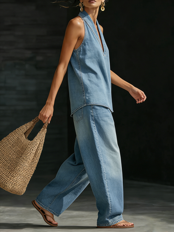 Nechia - Conjunto de Dos Piezas Informal de Denim