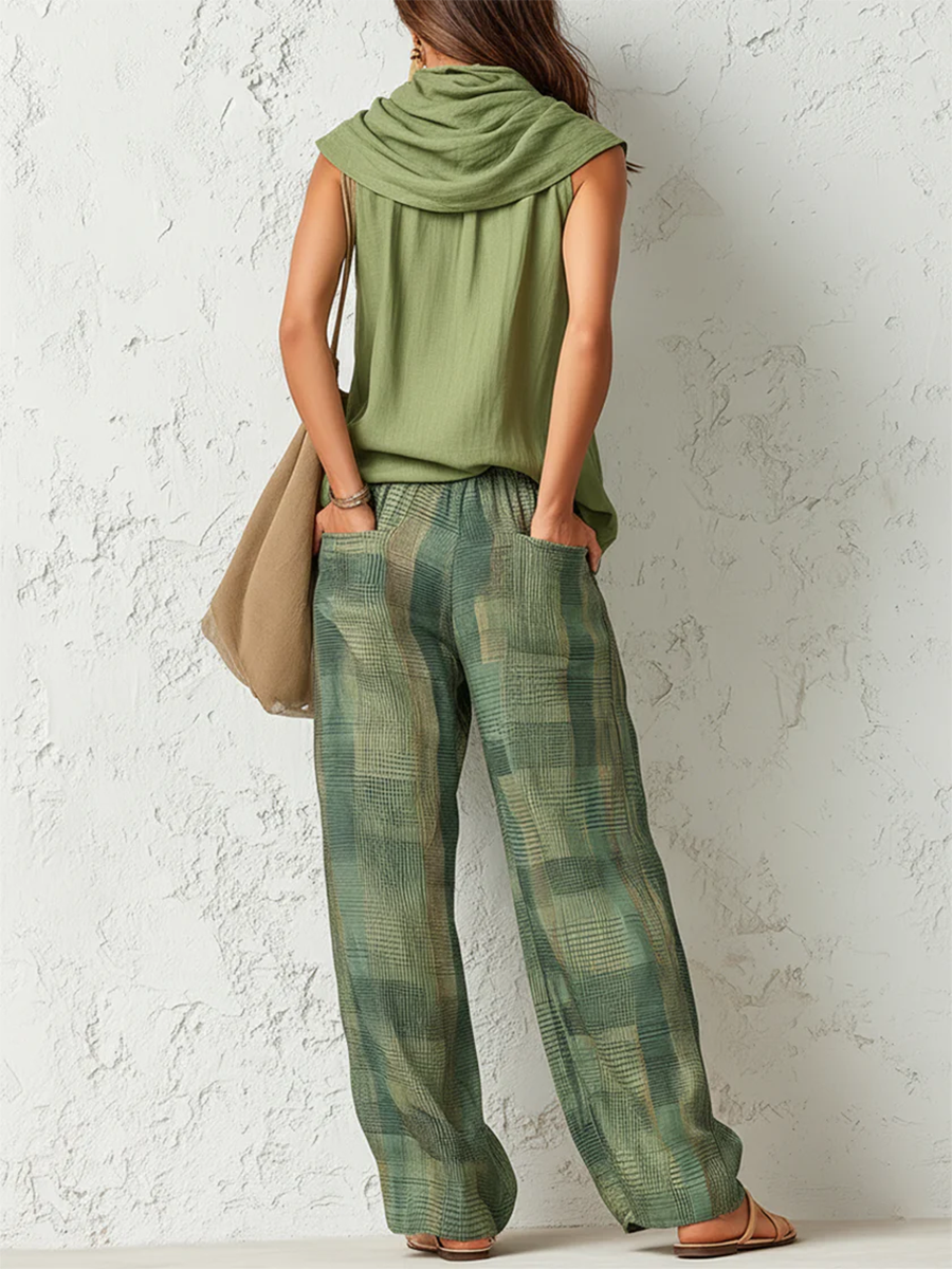 Nidya - Conjunto de Top Sin Mangas Sage Breeze y Pantalones de Pierna Ancha a Cuadros