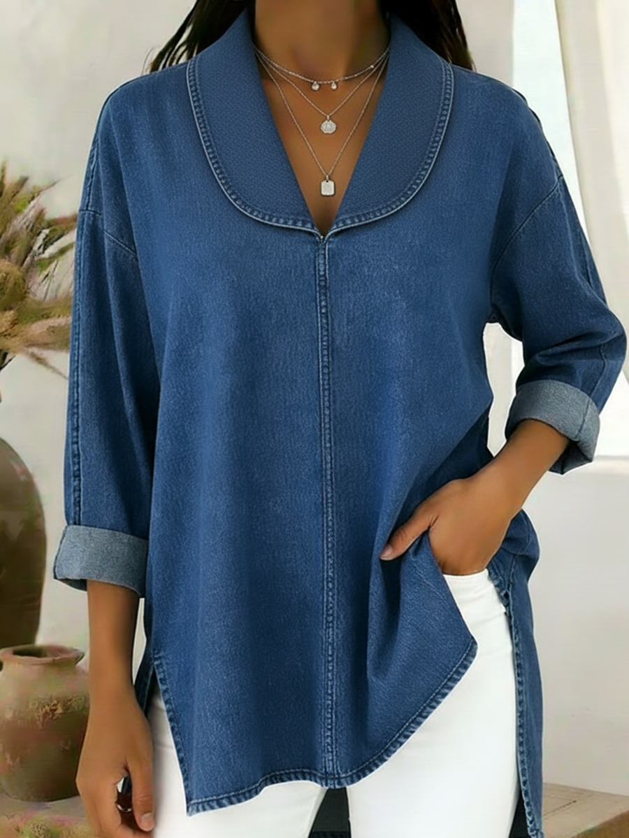 Gaetanaa - Top Retro De Denim Con Cuello Chal