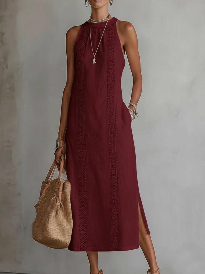 Devindi - Vestido Midi de Lino Con Cuello Mao