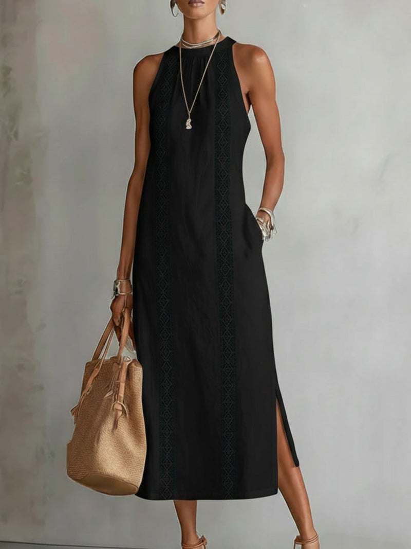 Devindi - Vestido Midi de Lino Con Cuello Mao