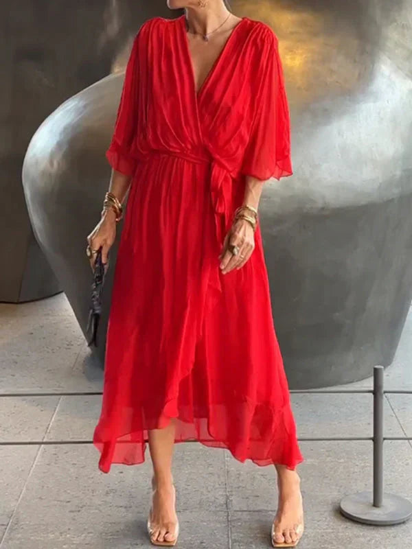 Ramilya - Vestido de Gasa Con Cuello en V