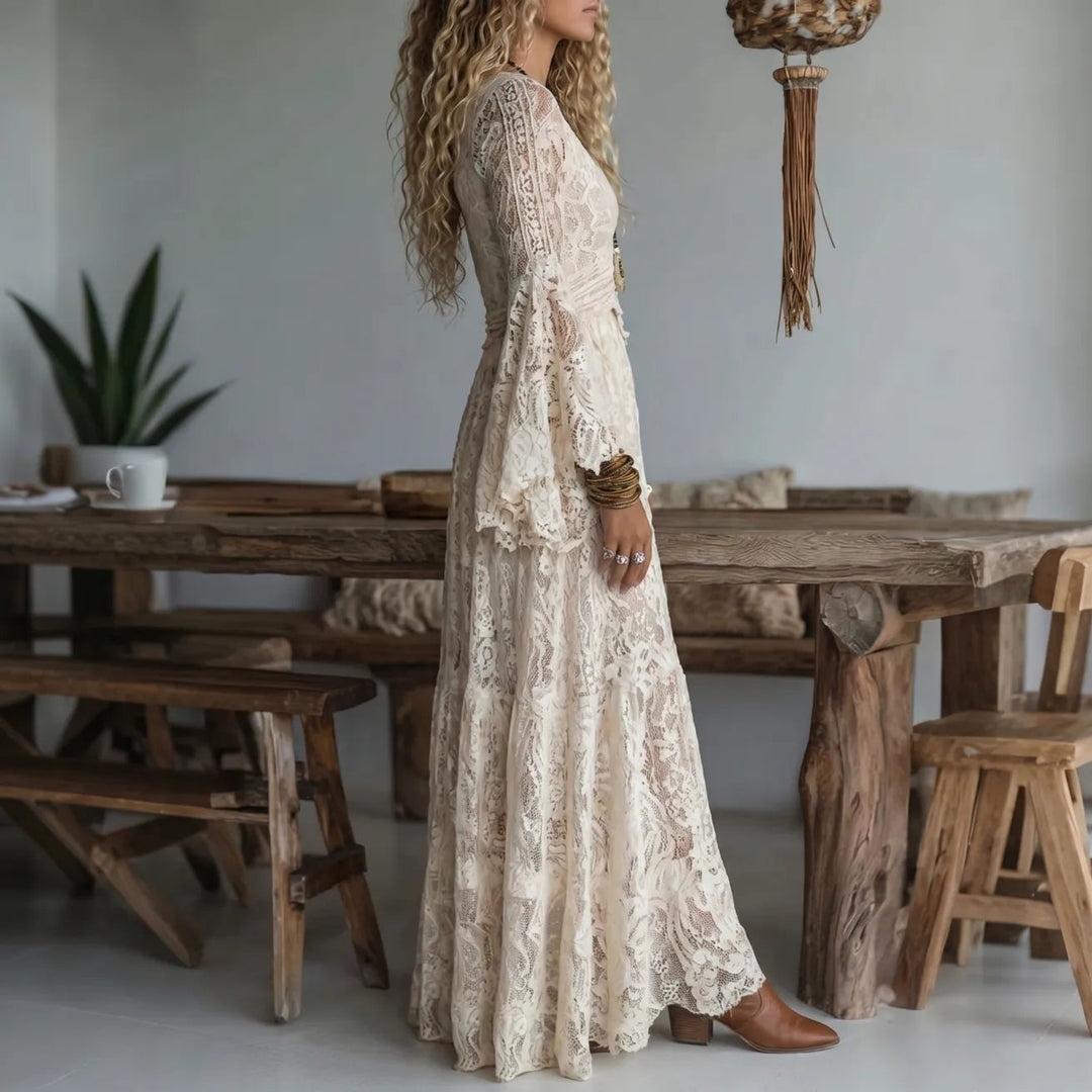 Chariya - Vestido Largo Bohemio De Encaje Floral Con Mangas Acampanadas