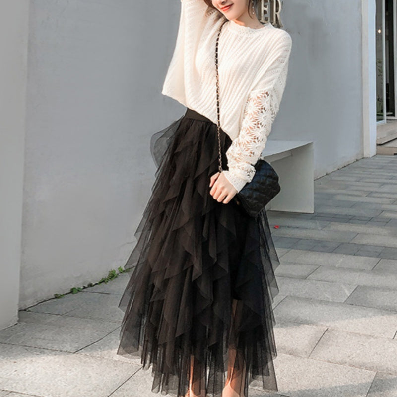 Nadeene - Falda Larga Irregular y a Capas Con Volantes
