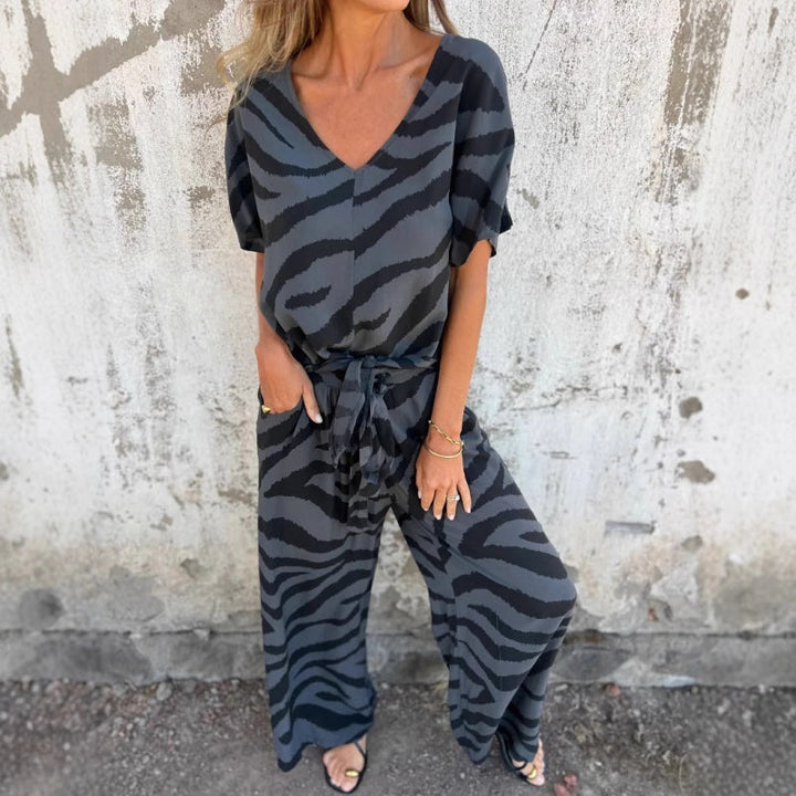 Gilberta - Pantalón y Top Estampado con Cuello en Pico Conjunto de dos Piezas