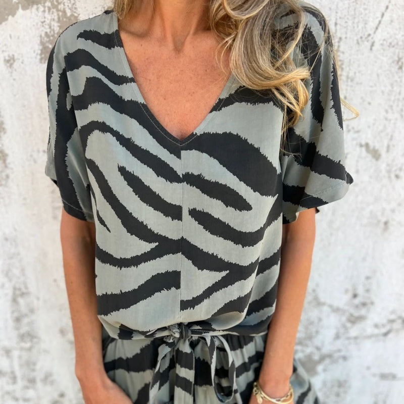 Gilberta - Pantalón y Top Estampado con Cuello en Pico Conjunto de dos Piezas