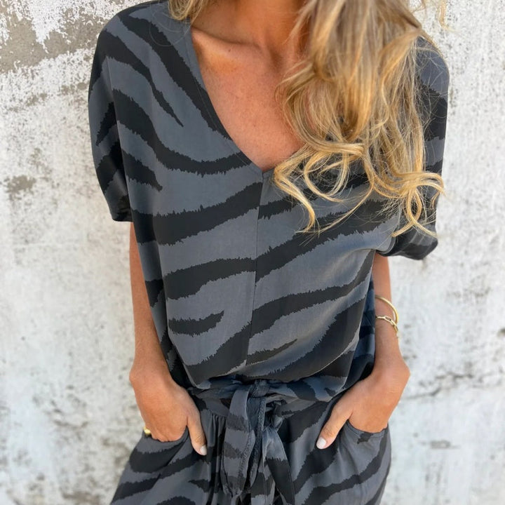 Gilberta - Pantalón y Top Estampado con Cuello en Pico Conjunto de dos Piezas