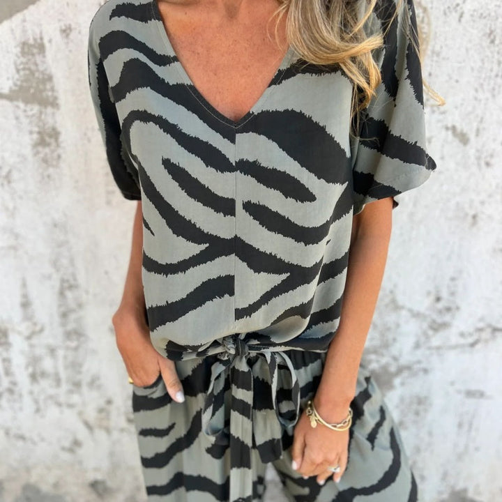 Gilberta - Pantalón y Top Estampado con Cuello en Pico Conjunto de dos Piezas