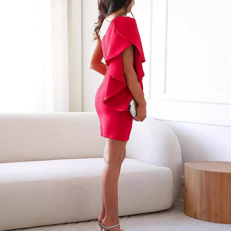Leah - Vestido Le Cóctel De Mujer Con Un Hombro Y Mangas Con Volantes