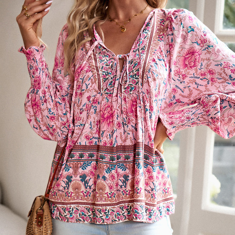 Katia - Camisa de Manga larga Con Cuello en V y Estampado a la Moda