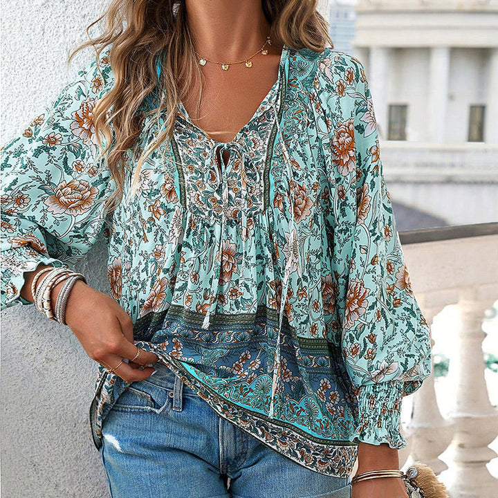 Katia - Camisa de Manga larga Con Cuello en V y Estampado a la Moda