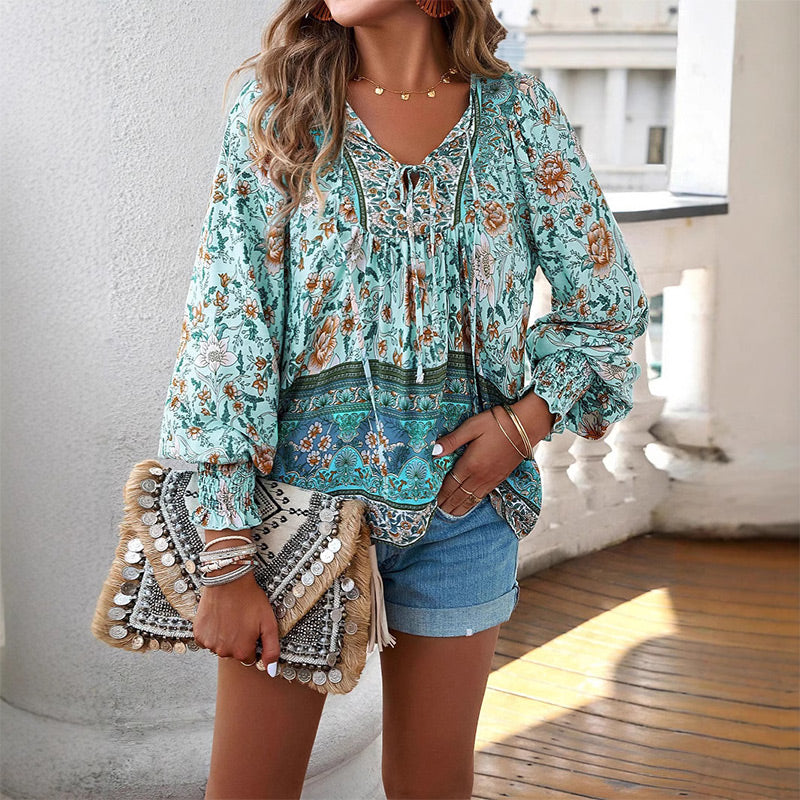 Katia - Camisa de Manga larga Con Cuello en V y Estampado a la Moda