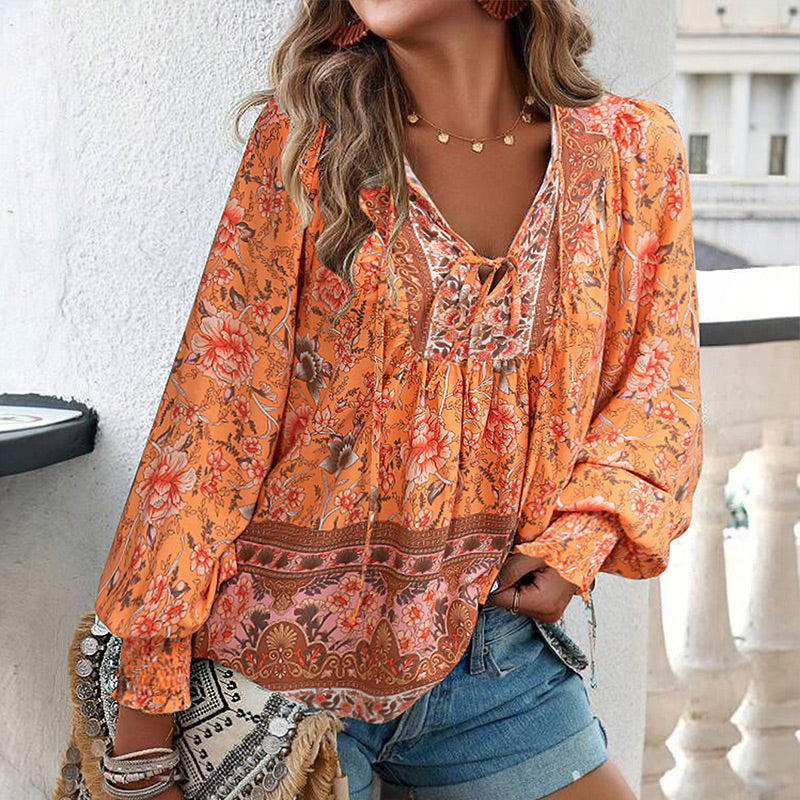 Katia - Camisa de Manga larga Con Cuello en V y Estampado a la Moda
