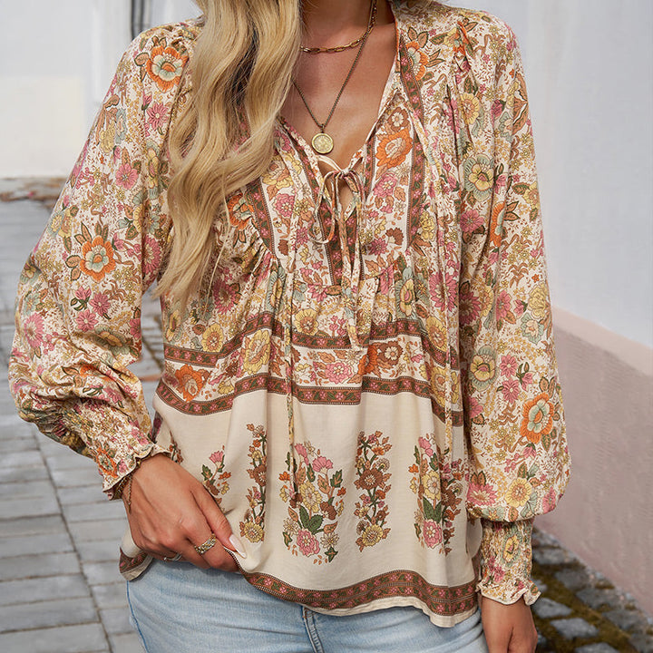 Katia - Camisa de Manga larga Con Cuello en V y Estampado a la Moda