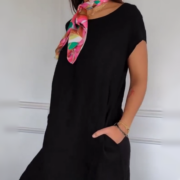 Erietta - Vestido De Lino De Cuello Redondo y Corte Holgado