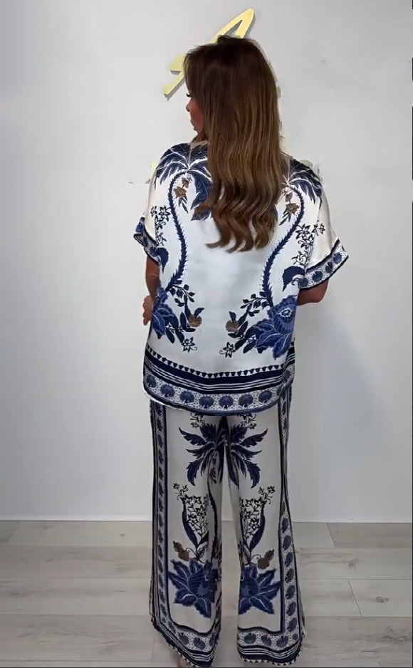 Kanella - Top Informal Con Cuello En V Y Pantalón Ancho
