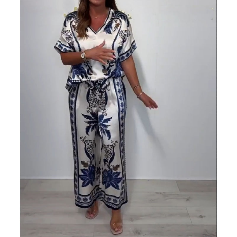 Kanella - Top Informal Con Cuello En V Y Pantalón Ancho