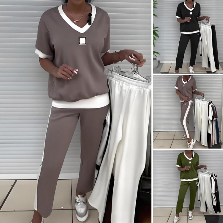 Maliah - Conjunto Informal De Top Con Cuello En V y Pantalones