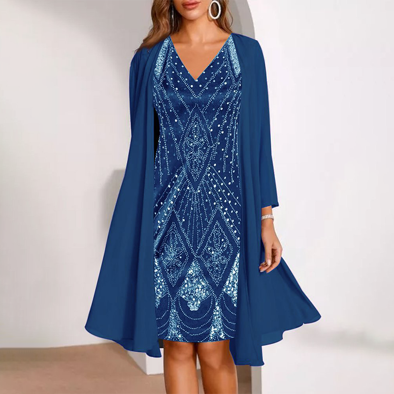 Kamla - Vestido Brillante Con Cuello en V y Capa Transparente