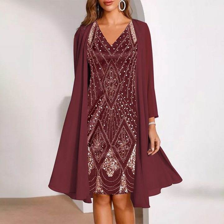 Kamla - Vestido Brillante Con Cuello en V y Capa Transparente