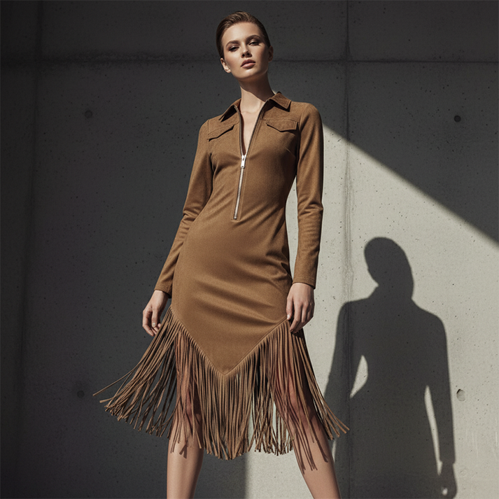 Alira - Vestido MIDI Con Cuello, Flecos Y Cremallera Frontal