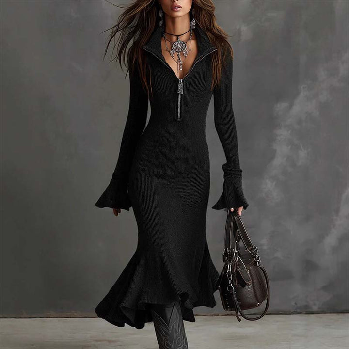 Yafella - Vestido Elegante de Punto Con Cremallera y Mangas Acampanadas