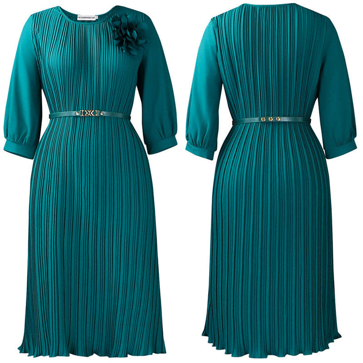 Ingeborga - Vestido Midi Plisado Con Mangas 3/4 y Cinturón