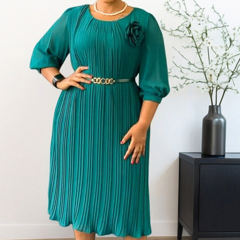 Ingeborga - Vestido Midi Plisado Con Mangas 3/4 y Cinturón