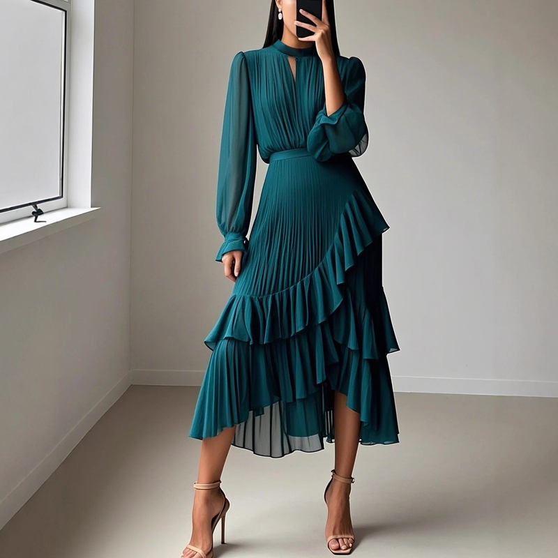 Daryna - Vestido Midi Plisado Con Escote En Forma De Ojo De Cerradura