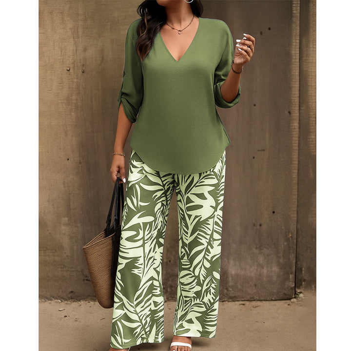 Liwia - Elegante Conjunto De Verano Con Blusa De Cuello en V Y Pantalones Estampados