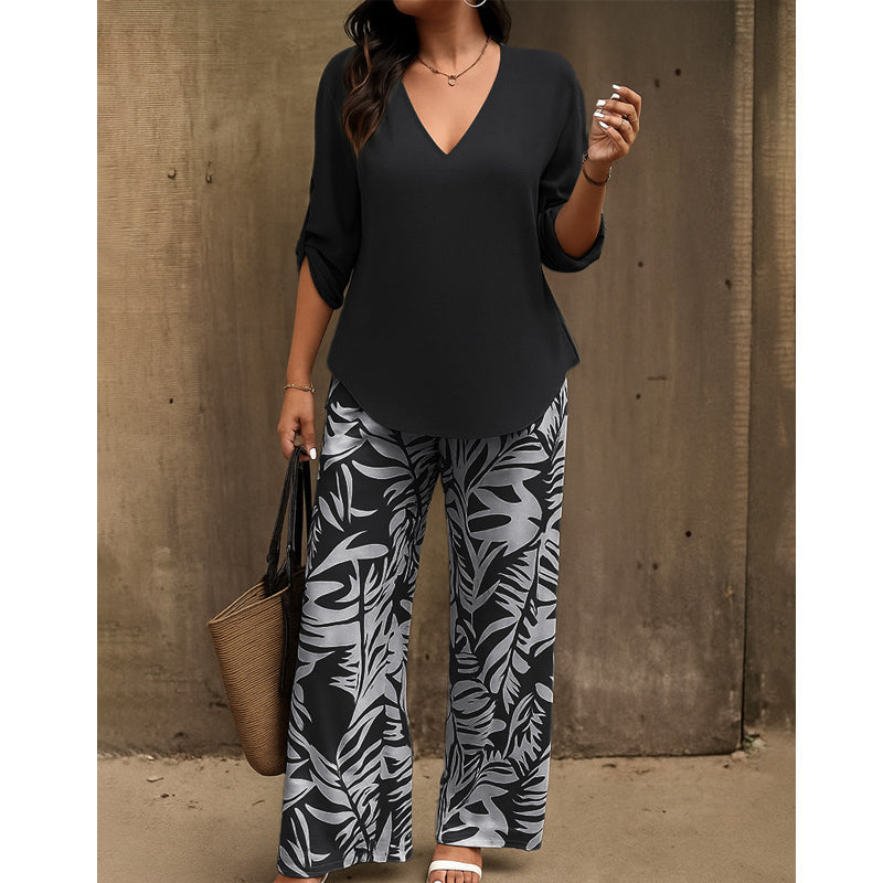 Liwia - Elegante Conjunto De Verano Con Blusa De Cuello en V Y Pantalones Estampados