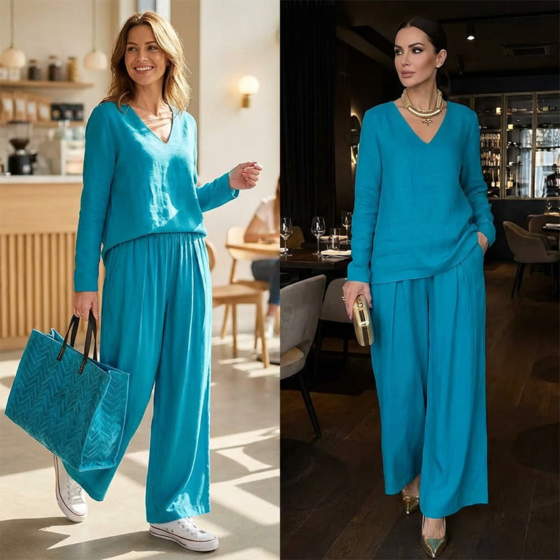Maheen - Conjunto de Punto Para Estar Por Casa Con Pantalones Acampanados