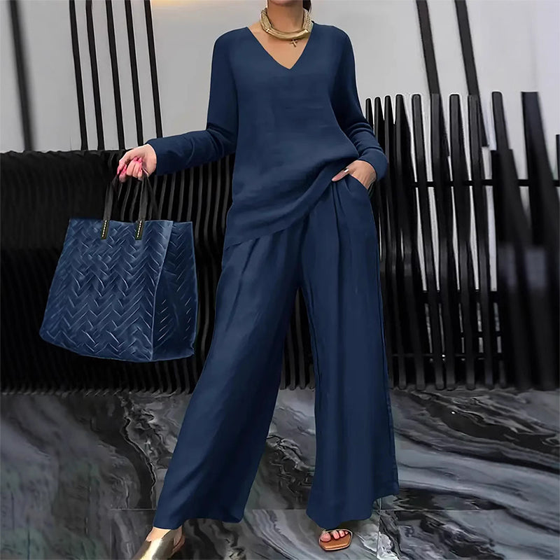 Maheen - Conjunto de Punto Para Estar Por Casa Con Pantalones Acampanados