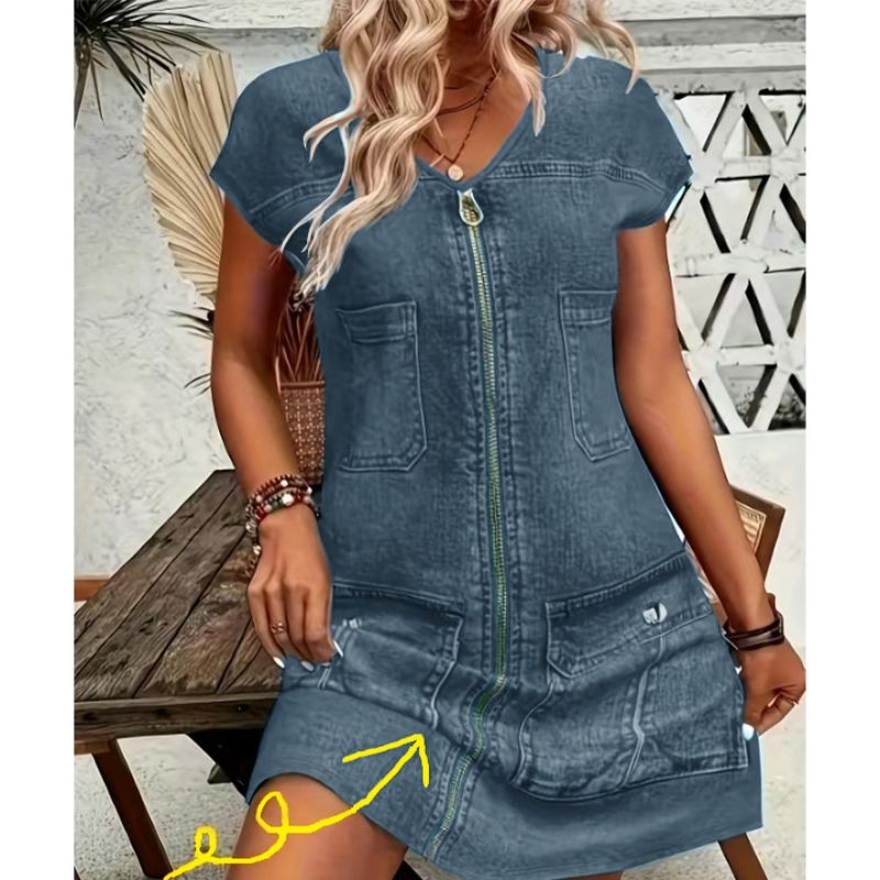 Esinila - Vestido Vaquero De Manga Corta Con Cremallera