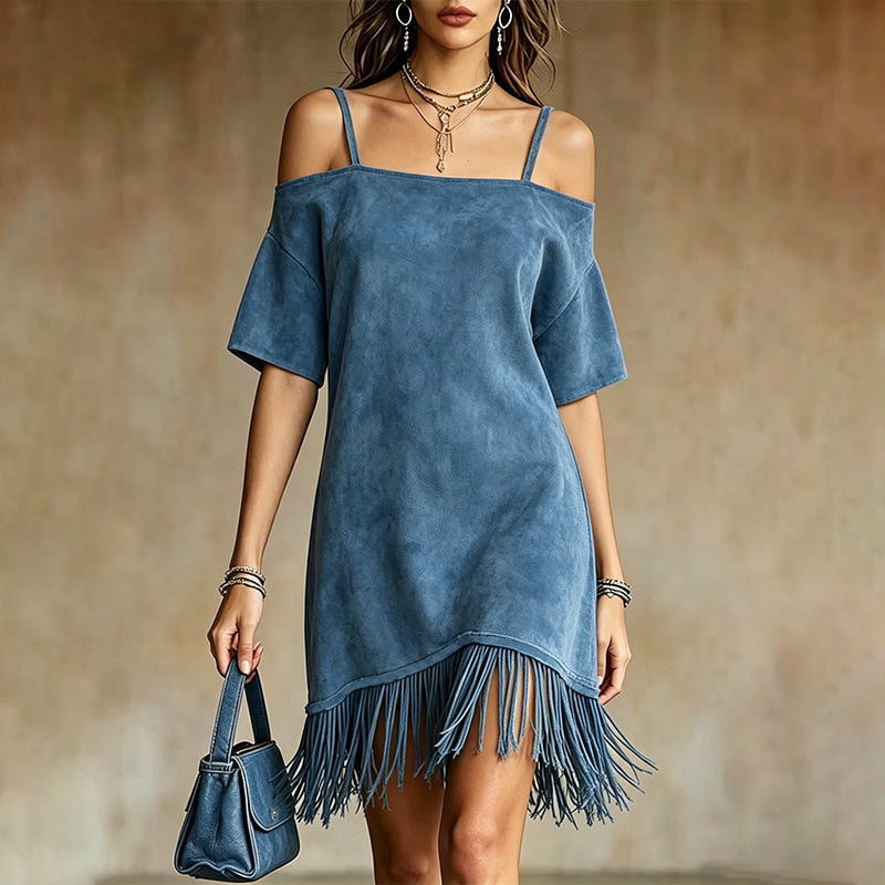 Lewina - Vestido Con Tirantes, Hombros Al Aire y Flecos