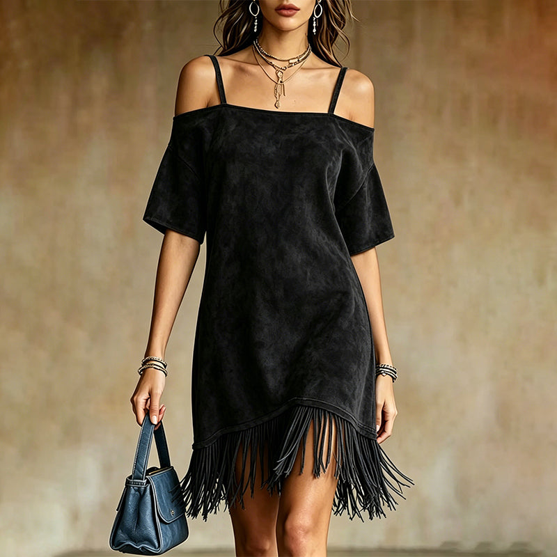 Lewina - Vestido Con Tirantes, Hombros Al Aire y Flecos