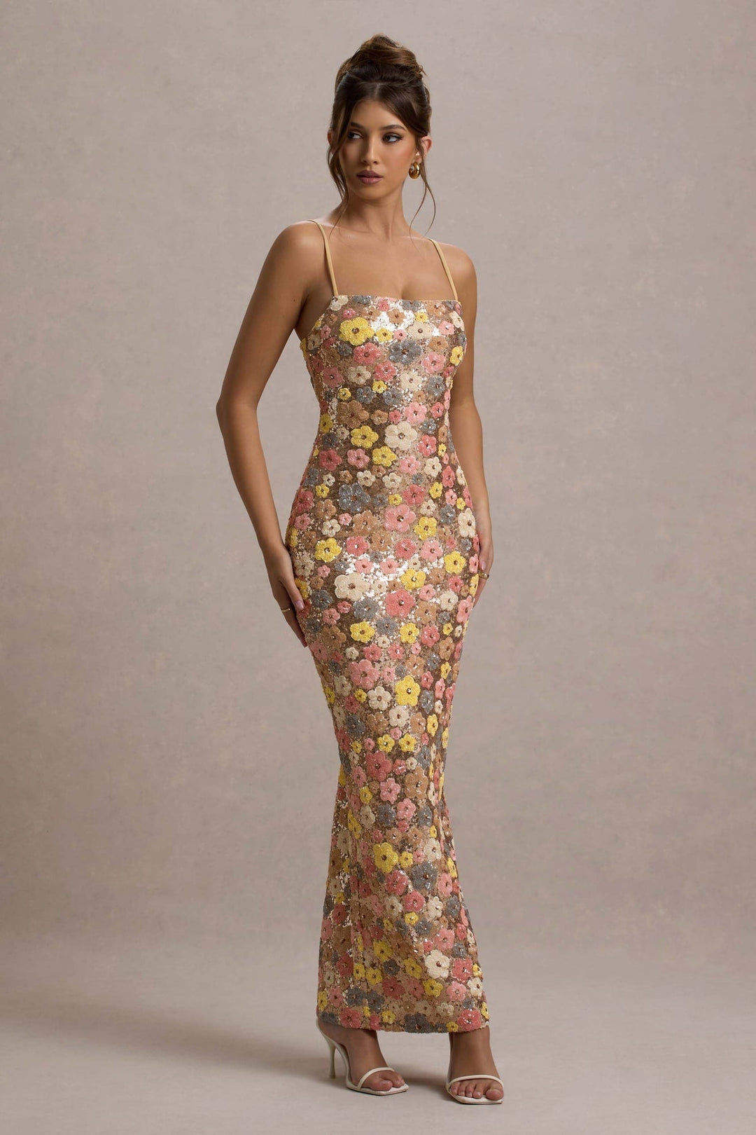 Lolita - Vestido Largo de Tirantes Finos con Estampado Floral y Lentejuelas