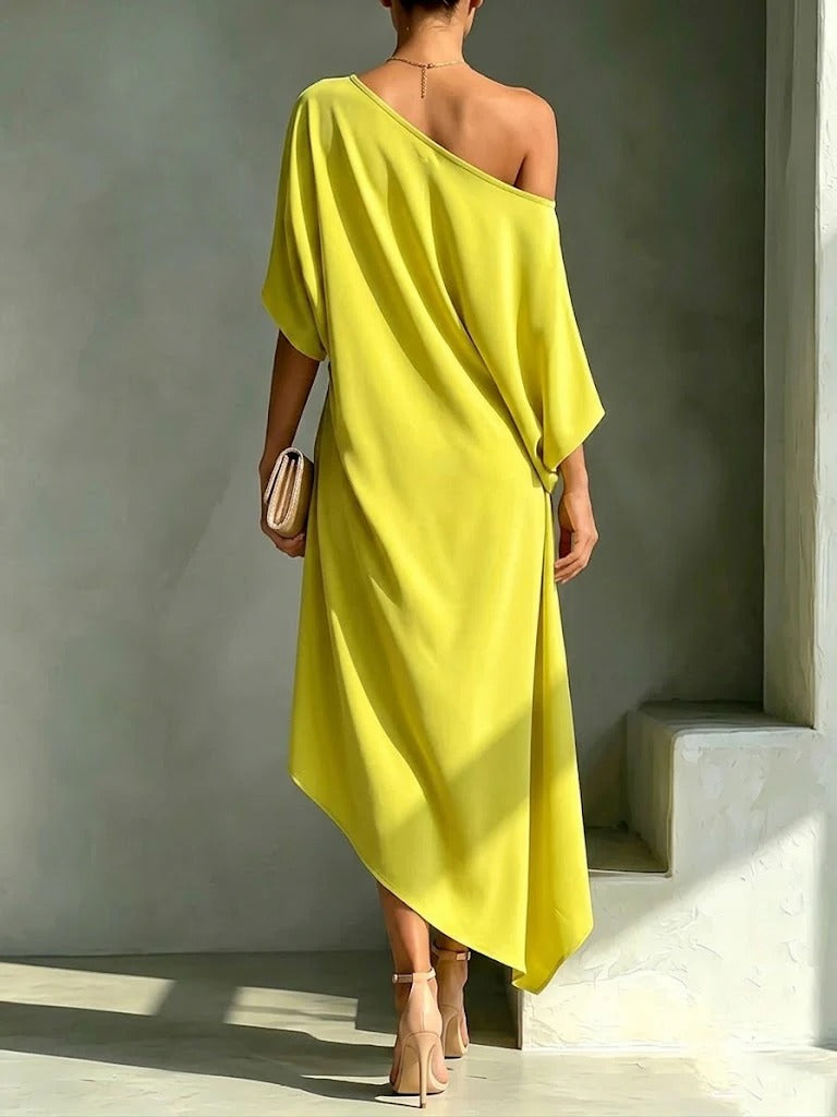 Elonia - Vestido Midi Asimétrico Con Hombros al Aire