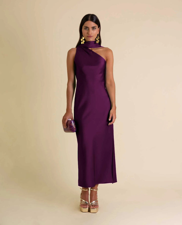 Zinash - Vestido Midi de un Solo Hombro con Iazo en el Cuello