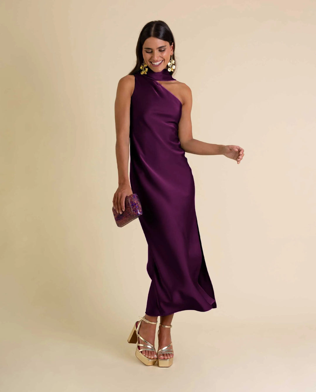 Zinash - Vestido Midi de un Solo Hombro con Iazo en el Cuello