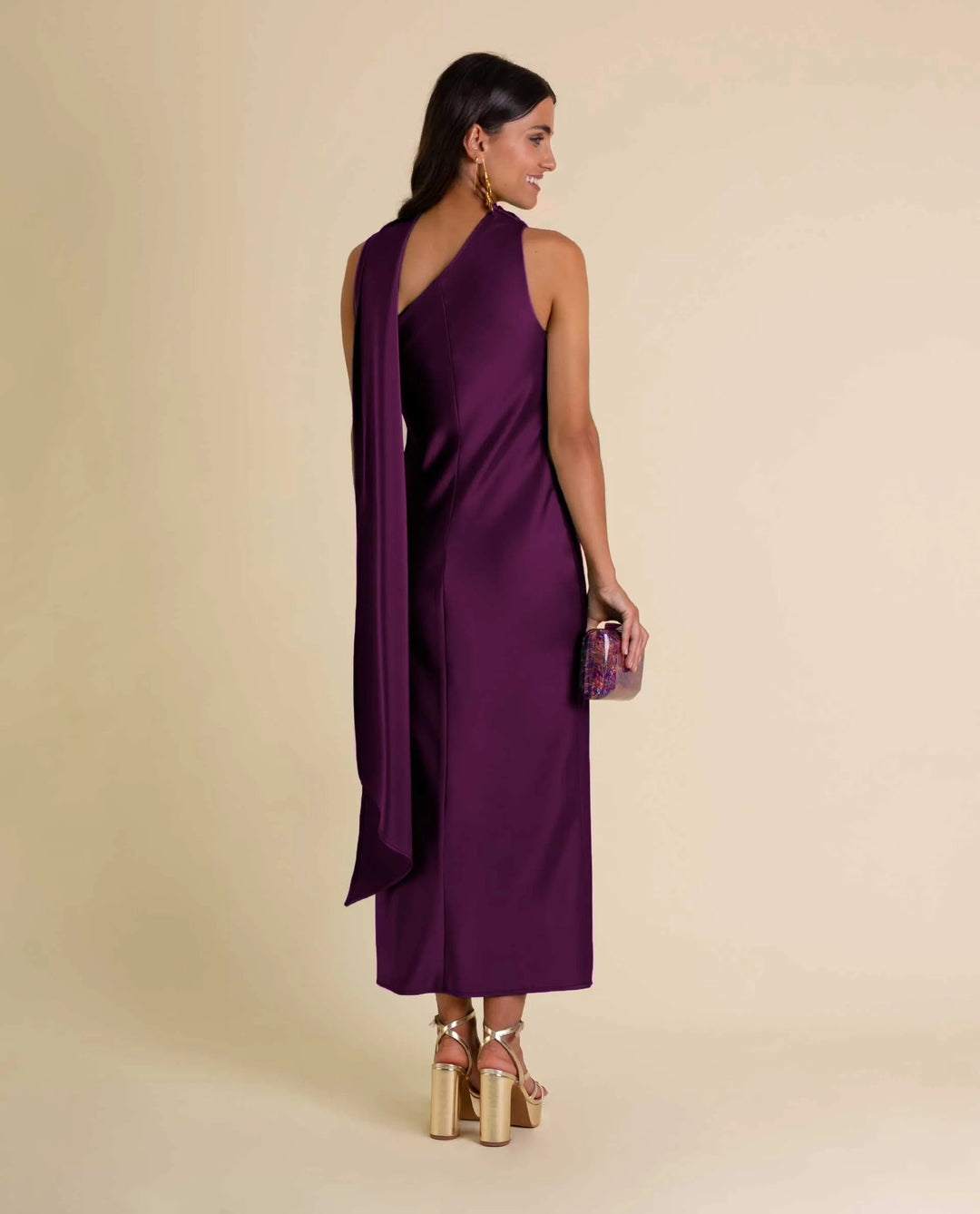 Zinash - Vestido Midi de un Solo Hombro con Iazo en el Cuello