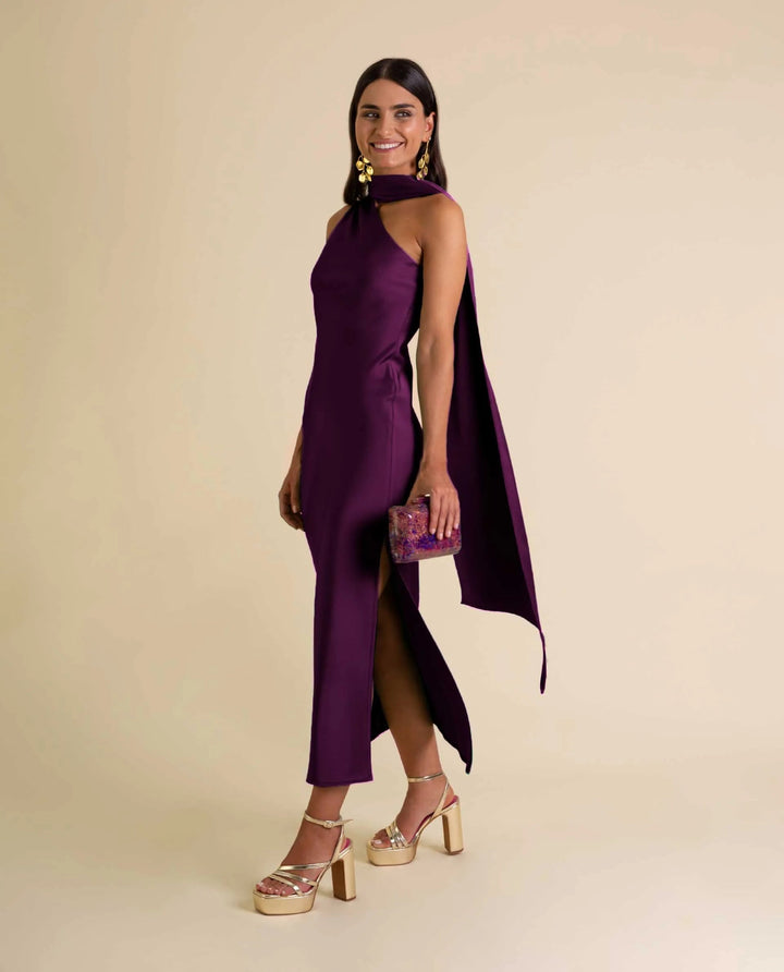 Zinash - Vestido Midi de un Solo Hombro con Iazo en el Cuello